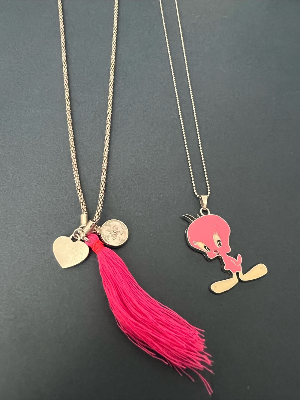 Kids Pink Tweety Bird Pendant Necklace with Heart Tassel